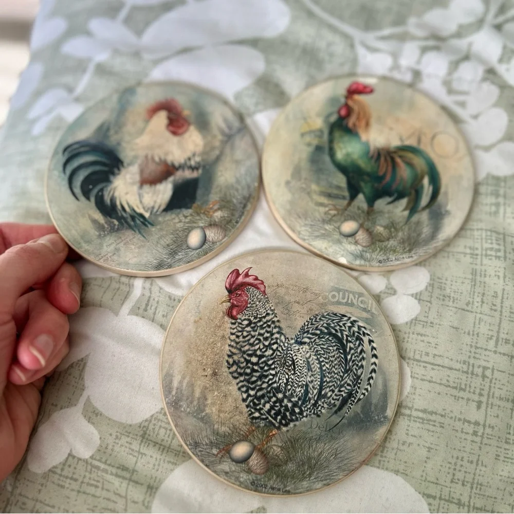 VTG Rustic Farmhouse Rooster Cottagecore Home Corked Back Coasters Set of 3 - Picture 6 of 8